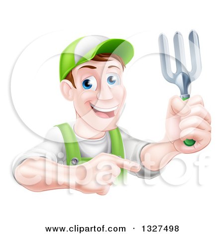 Clipart of a Middle Aged Brunette White Male Gardener in Green, Holding up a Garden Fork and Pointing - Royalty Free Vector Illustration by AtStockIllustration