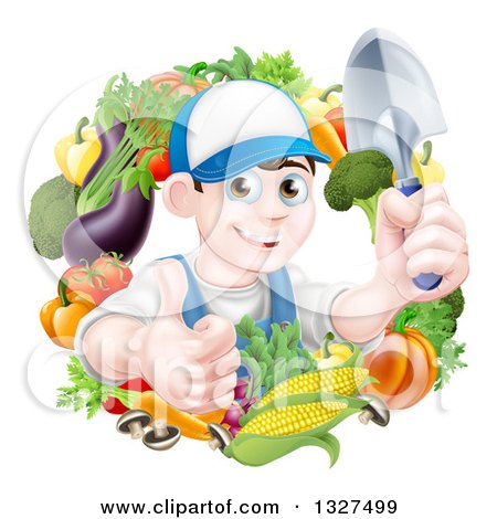 Clipart of a Young Brunette White Male Gardener in Blue, Holding up a Shovel and Giving a Thumb up in a Wreath of Produce - Royalty Free Vector Illustration by AtStockIllustration
