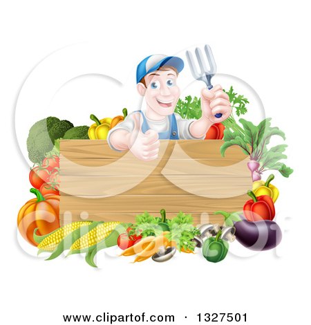 Clipart of a Middle Aged Brunette White Male Gardener in Blue, Holding up a Garden Fork and Giving a Thumb up over a Blank Wood Sign with Produce - Royalty Free Vector Illustration by AtStockIllustration