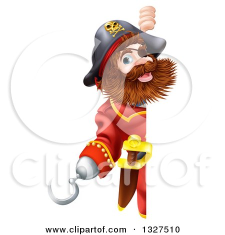 Clipart of a Happy Male Pirate Captain Gesturing with a Hook Hand and Looking Around a Sign - Royalty Free Vector Illustration by AtStockIllustration