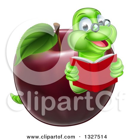 Clipart of a Cartoon Happy Green Graduate Book Worm Reading and Emerging from a Red Apple - Royalty Free Vector Illustration by AtStockIllustration
