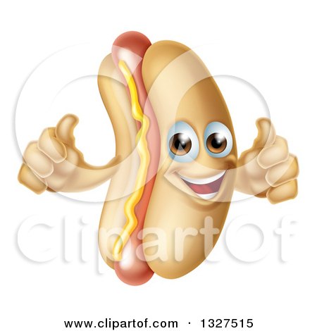 Clipart of a Cartoon Happy Hot Dog Mascot with a Strip of Mustard, Giving Two Thumbs up - Royalty Free Vector Illustration by AtStockIllustration