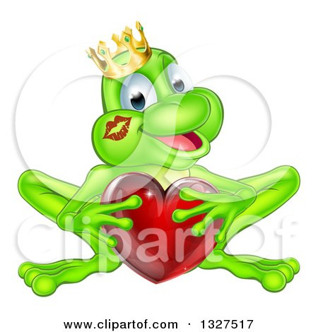 Clipart of a Cartoon Happy Green Frog Prince with a Liptstick Kiss on His Cheek, Holding a Red Glass Love Heart - Royalty Free Vector Illustration by AtStockIllustration