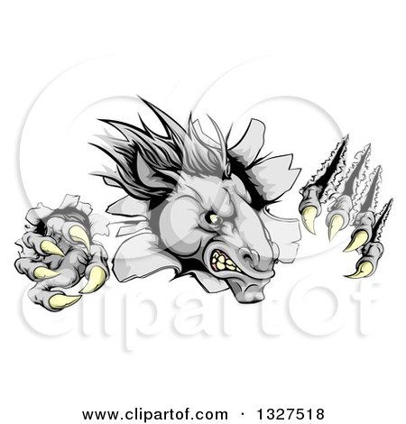 Clipart of a Vicious Gray Horse Stallion Monster Breaking Through a Wall with Claws - Royalty Free Vector Illustration by AtStockIllustration