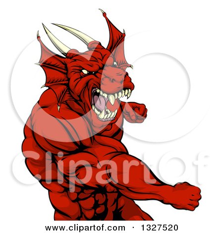 Clipart of a Muscular Fighting Red Dragon Man Punching - Royalty Free Vector Illustration by AtStockIllustration
