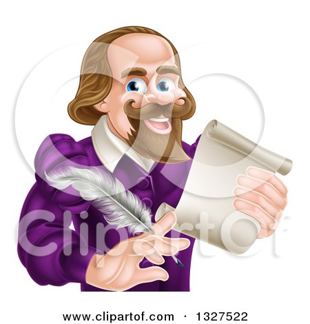 Clipart of a Cartoon Happy William Shakespeare Holding a Scroll and Feather Quill, from Waist up - Royalty Free Vector Illustration by AtStockIllustration