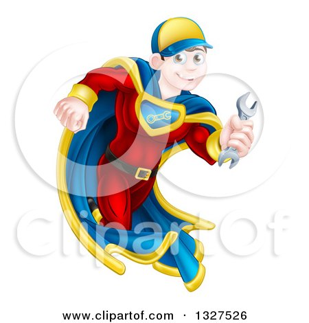 Clipart of a Brunette Caucasian Male Super Hero Mechanic Running with a Wrench - Royalty Free Vector Illustration by AtStockIllustration