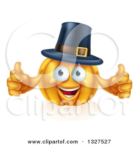 Clipart of a Pleased Thanksgiving Pumpkin Character Wearing a Pilgrim Hat and Giving Two Thumbs up 2 - Royalty Free Vector Illustration by AtStockIllustration