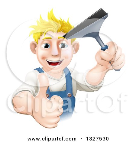 Clipart of a Happy Blond Caucasian Window Cleaner Man Holding a Squeegee and Giving a Thumb up - Royalty Free Vector Illustration by AtStockIllustration