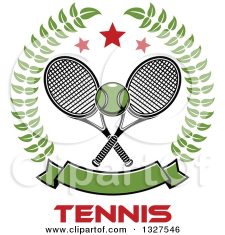 Clipart of Crossed Tennis Rackets with a Ball, with Stars and a Blank Banner in a Wreath over Text - Royalty Free Vector Illustration by Vector Tradition SM