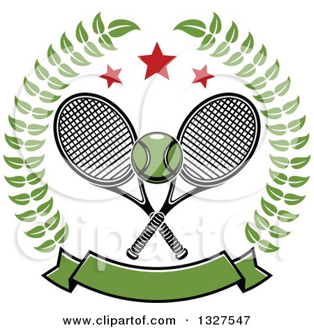 Clipart of Crossed Tennis Rackets with a Ball, with Stars and a Blank Banner in a Wreath - Royalty Free Vector Illustration by Vector Tradition SM