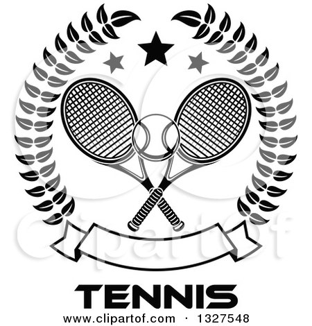 Clipart of Black and White Crossed Tennis Rackets with a Ball, with Stars and a Blank Banner in a Wreath over Text - Royalty Free Vector Illustration by Vector Tradition SM