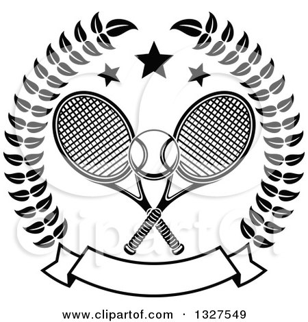 Clipart of Black and White Crossed Tennis Rackets with a Ball, with Stars and a Blank Banner in a Wreath - Royalty Free Vector Illustration by Vector Tradition SM