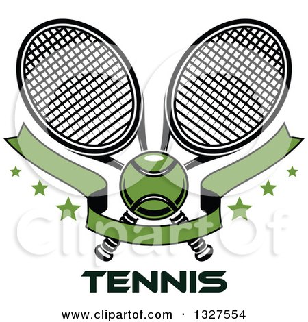 Clipart of Crossed Tennis Rackets with a Ball, Green Blank Banner and Stars over Text - Royalty Free Vector Illustration by Vector Tradition SM