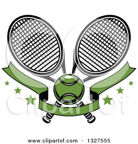 Clipart of Crossed Tennis Rackets with a Ball, Green Blank Banner and Stars - Royalty Free Vector Illustration by Vector Tradition SM