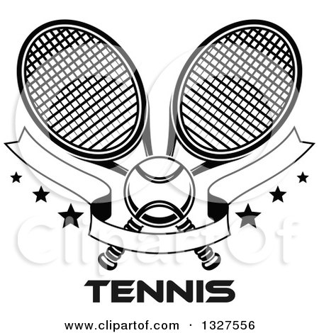 Clipart of Black and White Crossed Tennis Rackets with a Ball, Blank Banner and Stars over Text - Royalty Free Vector Illustration by Vector Tradition SM