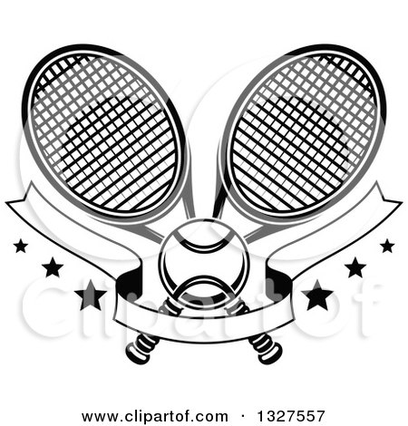 Clipart of Black and White Crossed Tennis Rackets with a Ball, Blank Banner and Stars - Royalty Free Vector Illustration by Vector Tradition SM