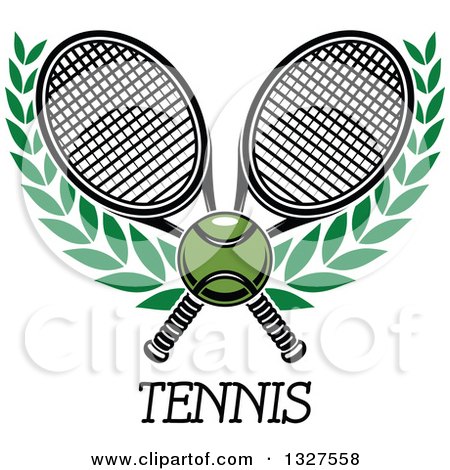 Clipart of Crossed Tennis Rackets with a Ball and Laurel Branches over Text - Royalty Free Vector Illustration by Vector Tradition SM