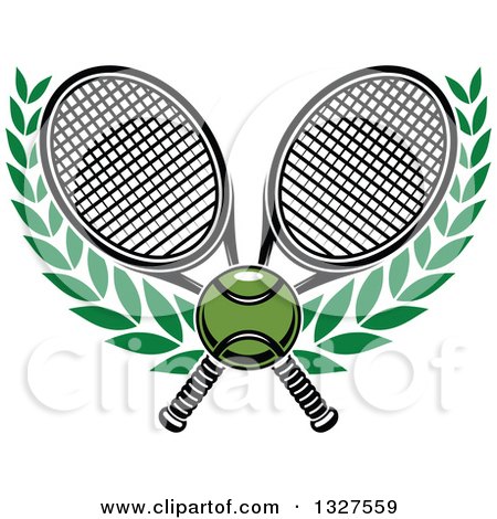 Clipart of Crossed Tennis Rackets with a Ball and Laurel Branches - Royalty Free Vector Illustration by Vector Tradition SM
