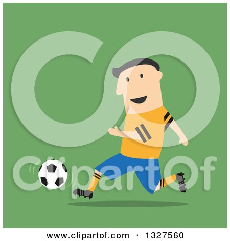Clipart of a Flat Design White Male Soccer Player in Action, over Green - Royalty Free Vector Illustration by Vector Tradition SM