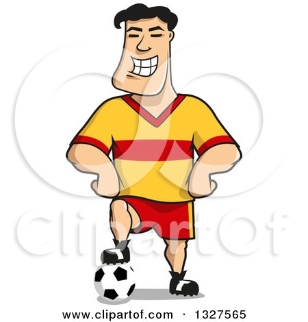 Clipart of a Cartoon Grinning Soccer Player Resting a Foot on a Ball - Royalty Free Vector Illustration by Vector Tradition SM