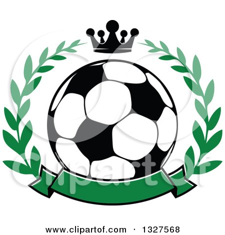 Clipart of a Soccer Ball in a Laurel Wreath with a Crown and Blank Green Banner - Royalty Free Vector Illustration by Vector Tradition SM