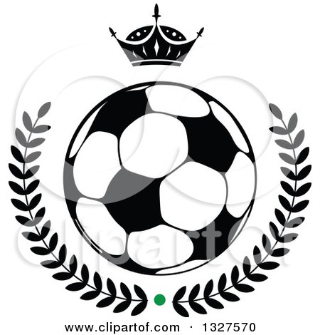 Clipart of a Black and White Crown over a Soccer Ball and Laurel Wreath with a Green Dot - Royalty Free Vector Illustration by Vector Tradition SM