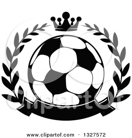 Clipart of a Black and White Soccer Ball in a Laurel Wreath with a Crown and Blank Banner - Royalty Free Vector Illustration by Vector Tradition SM