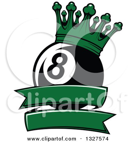 Clipart of a Billiards Pool Eight Ball with a Green Crown over a Blank Banner - Royalty Free Vector Illustration by Vector Tradition SM