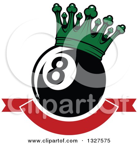 Clipart of a Billiards Pool Eight Ball with a Green Crown over a Blank Red Banner - Royalty Free Vector Illustration by Vector Tradition SM