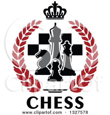 Clipart of Black and White Chess Pieces over Checkers in a Crown and Red Laurel Wreath over Text - Royalty Free Vector Illustration by Vector Tradition SM