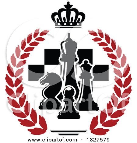 Clipart of Black and White Chess Pieces over Checkers in a Crown and Red Laurel Wreath - Royalty Free Vector Illustration by Vector Tradition SM