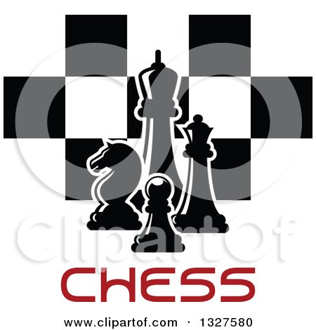 Clipart of Chess Pieces over Checkers and Red Text - Royalty Free Vector Illustration by Vector Tradition SM