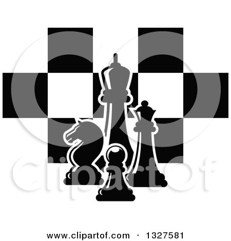 Clipart of Black and White Chess Pieces over Checkers - Royalty Free Vector Illustration by Vector Tradition SM