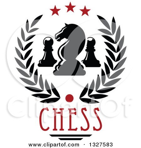 Clipart of a Chess Knight and Pawn Pieces in a Star and Laurel Wreath over Text - Royalty Free Vector Illustration by Vector Tradition SM