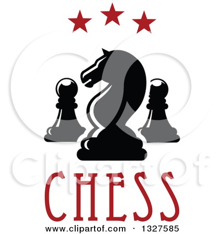 Clipart of a Chess Knight and Pawn Pieces Under Red Stars and over Text - Royalty Free Vector Illustration by Vector Tradition SM
