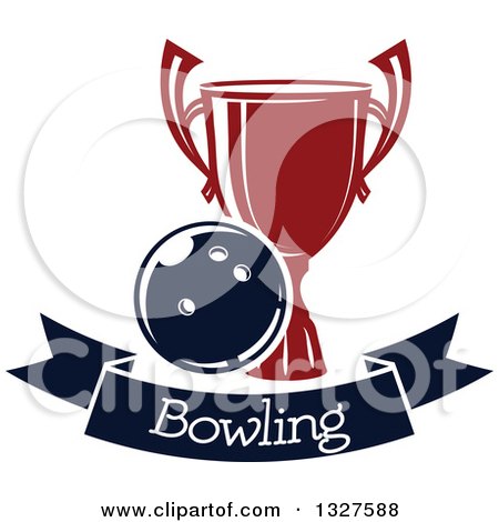 Clipart of a Navy Blue and Red Bowling Ball and Trophy over a Banner - Royalty Free Vector Illustration by Vector Tradition SM