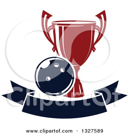 Clipart of a Navy Blue and Red Bowling Ball and Trophy over a Blank Banner - Royalty Free Vector Illustration by Vector Tradition SM