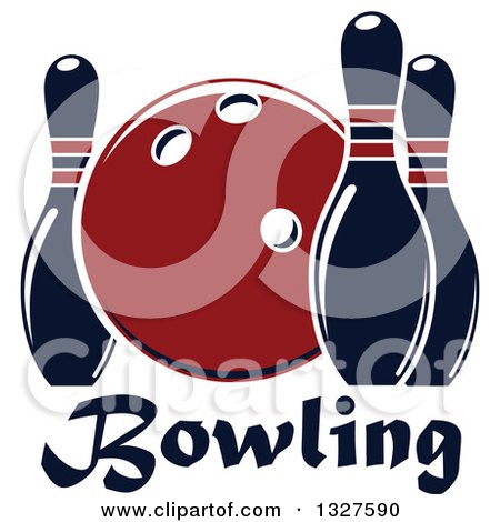 Clipart of a Navy Blue and Red Bowling Ball and Pins over Text - Royalty Free Vector Illustration by Vector Tradition SM