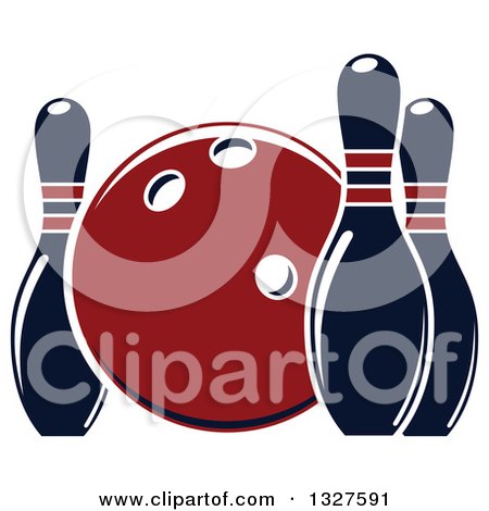 Clipart of a Navy Blue and Red Bowling Ball and Pins - Royalty Free Vector Illustration by Vector Tradition SM