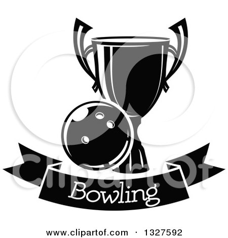 Clipart of a Black and White Bowling Ball and Trophy over a Banner - Royalty Free Vector Illustration by Vector Tradition SM