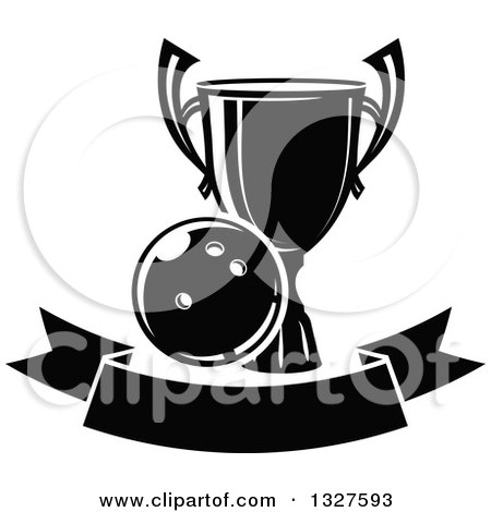Clipart of a Black and White Bowling Ball and Trophy over a Blank Banner - Royalty Free Vector Illustration by Vector Tradition SM