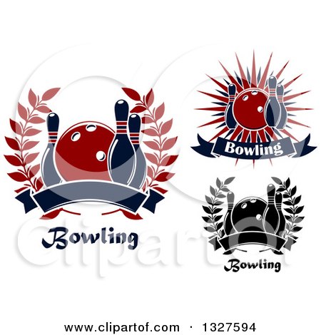Clipart of Navy Blue and Red Bowling Balls and Pins, Wreaths, Bursts and Text - Royalty Free Vector Illustration by Vector Tradition SM