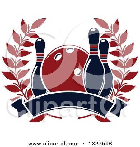 Clipart of a Navy Blue and Red Bowling Ball and Pins in a Laurel Wreath over a Blank Banner - Royalty Free Vector Illustration by Vector Tradition SM