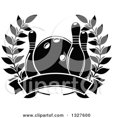 Clipart of a Black and White Bowling Ball and Pins in a Laurel Wreath over a Blank Banner - Royalty Free Vector Illustration by Vector Tradition SM