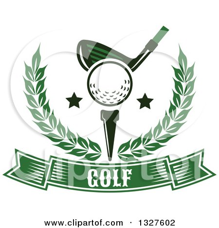 Clipart of a Golf Club Against a Ball on a Tee, with Stars in a Wreath over a Green Text Banner - Royalty Free Vector Illustration by Vector Tradition SM