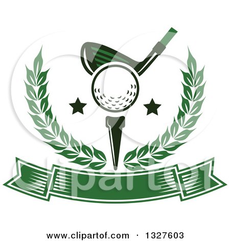 Clipart of a Golf Club Against a Ball on a Tee, with Stars in a Wreath over a Blank Green Banner - Royalty Free Vector Illustration by Vector Tradition SM
