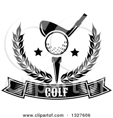 Clipart of a Black and White Golf Club Against a Ball on a Tee, with Stars in a Wreath over a Text Banner - Royalty Free Vector Illustration by Vector Tradition SM