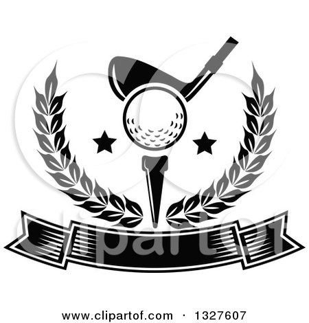 Clipart of a Black and White Golf Club Against a Ball on a Tee, with Stars in a Wreath over a Blank Banner - Royalty Free Vector Illustration by Vector Tradition SM