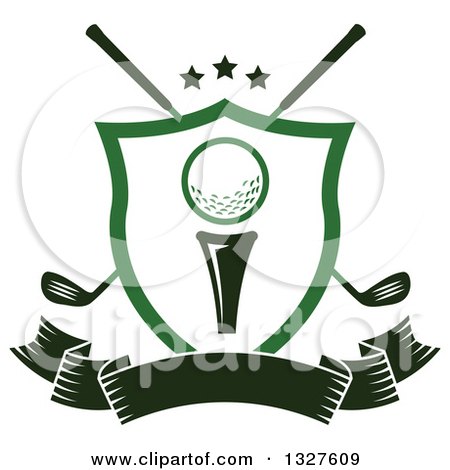 Clipart of a Golf Ball on a Tee in a Shield over Crossed Clubs and a Blank Ribbon Banner - Royalty Free Vector Illustration by Vector Tradition SM